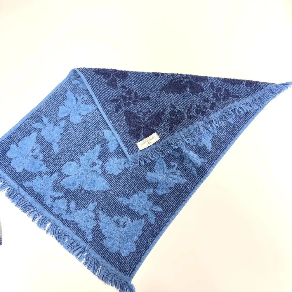 Vtg Cannon blue jacquard towel set raised butterfly floral pattern fringe trim